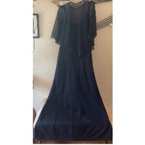 Vintage Navy Blue Chiffon Gown with Sheer Overlay